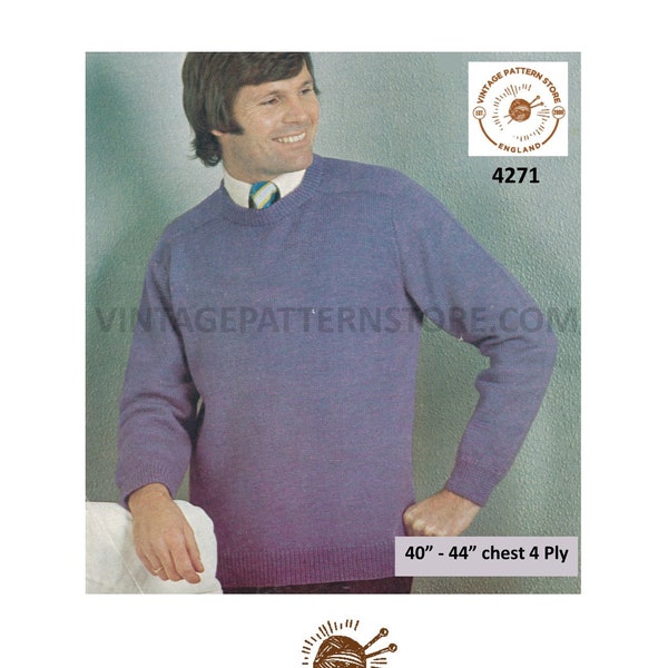 Mens Mans 70s vintage 4 ply plain and simple easy to knit round neck raglan sweater jumper pdf knitting pattern 40" to 44" PDF Download 4271