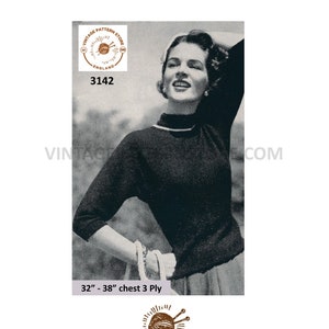 Ladies Womens 50s vintage 3 ply easy to knit slim fit 3/4 sleeve dolman sweater jumper pdf knitting pattern 32" to 38" bust Download 3142