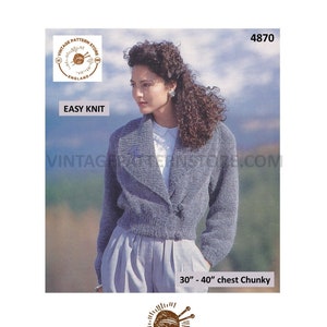 May include: A vintage knitting pattern for a chunky knit cardigan. The pattern is for sizes 30 to 40 inches chest. The pattern is from Vintage Pattern Store, England.