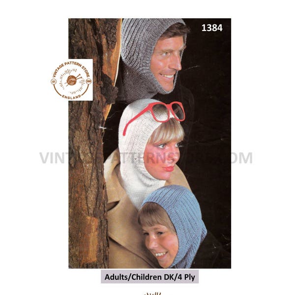 Ladies Womens Mens Boys Girls 70s vintage simple and easy to knit 4 ply family balaclava pdf knitting pattern ages 8 to adult Download 1384