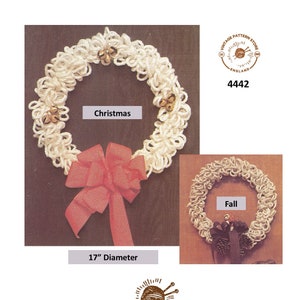May include: A vintage crochet pattern for a 17-inch diameter wreath. The pattern includes instructions for a Christmas wreath with bells and a Fall wreath with a pine cone. The pattern is from Vintage Pattern Store, England.