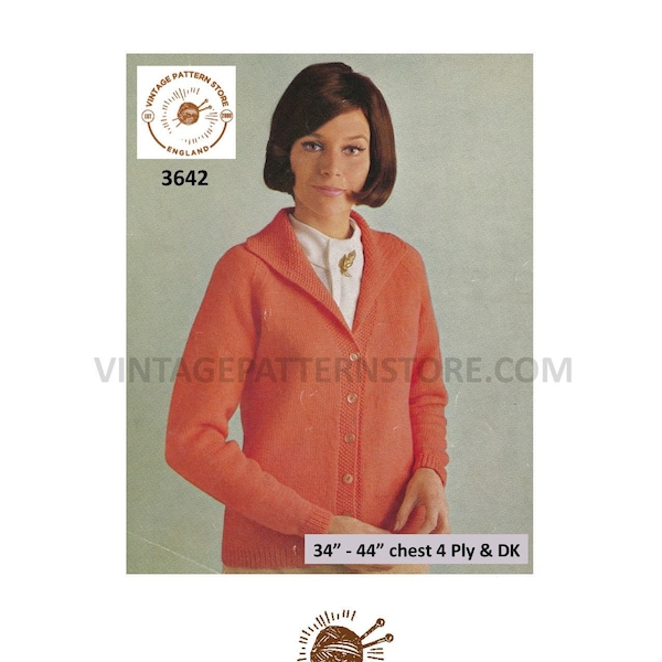 Ladies Womens 70s V neck collared easy to knit textured edge & collared raglan cardigan jacket pdf knitting pattern 34" to 44" Download 3642