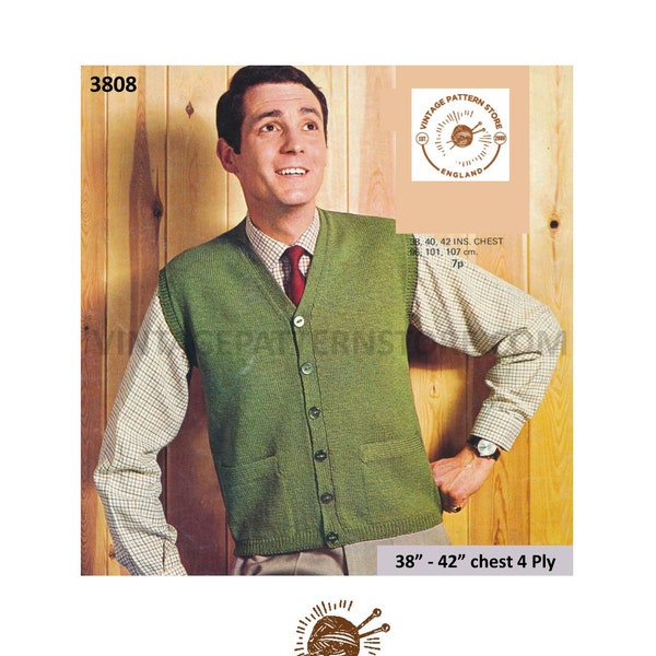 Mens Mans 70s vintage plain and simple easy to knit 4 ply V neck waistcoat with pockets pdf knitting pattern 38" to 42" PDF download 3808