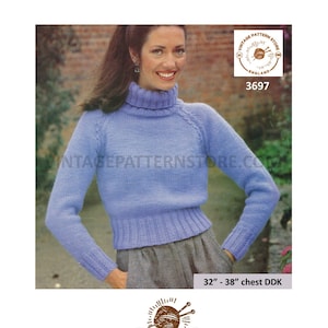 Ladies Womens 80s vintage plain and simple easy to knit polo neck raglan DDK sweater jumper pdf knitting pattern 32" to 38" Download 3697