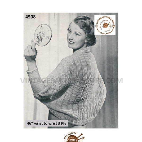 Ladies Womens 1930s 30s vintage 3 ply easy to knit bed jacket bedjacket wrap pdf knitting pattern 46" across Instant PDF Download 4508