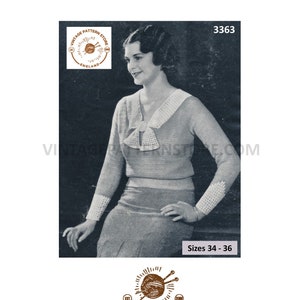 May include: Vintage knitting pattern for a women's sweater with a bow detail. The pattern is from the 1930s and is for sizes 34-36. The pattern is from Vintage Pattern Store, England.
