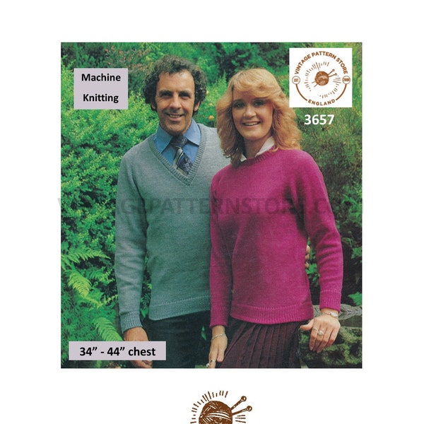 Ladies Womens Mens 80 vintage round and V neck plain and simple raglan sweater jumper machine knitting pattern 34" to 44" PDF download 3657