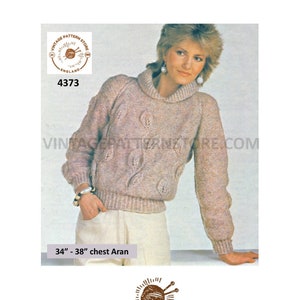 May include: A vintage knitting pattern for a sweater with a leaf design. The pattern is for a size 34 to 38 inch chest and is called Aran. The pattern is from Vintage Pattern Store, England.