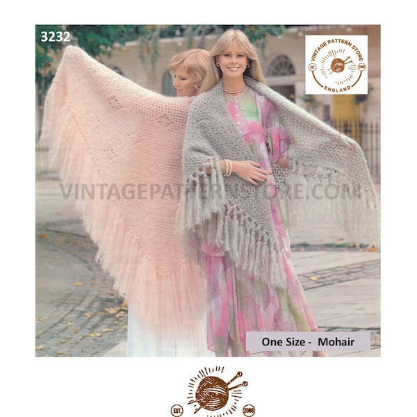 Ladies Womens 70s vintage easy to crochet large lacy fringed mohair shawl wrap stole pdf crochet pattern 35" long Instant PDF download 3232