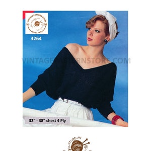 Ladies Womens 90s simple and easy to knit V neck off shoulder batwing sweater jumper pdf knitting pattern 32" to 38" chest PDF Download 3264