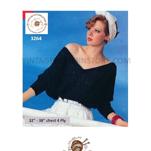 Puede incluir: Patrón de tejido vintage para un suéter negro con cuello en V. El patrón es para un tamaño de pecho de 81 a 97 cm y utiliza hilo de 4 cabos. El patrón es de Vintage Pattern Store, Inglaterra.