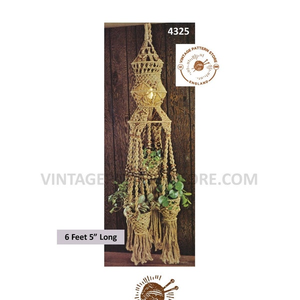 70s vintage multiple pot macrame plant hanger with optional overhead light pdf macrame pattern 6 foot 5" long Instant PDF Download 4325