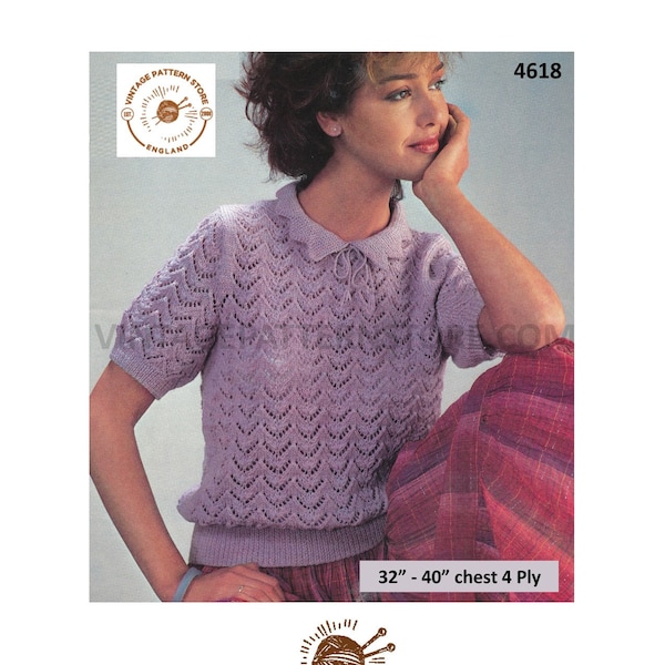 Womens 80s vintage 4 ply round neck frilly collar short sleeve eyelet lace lacy raglan sweater pdf knitting pattern 32" to 40" Download 4618