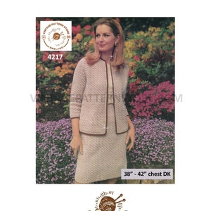 May include: Vintage crochet pattern for a jacket and skirt set. The pattern is for sizes 38 to 42 inches chest and uses double knit yarn.