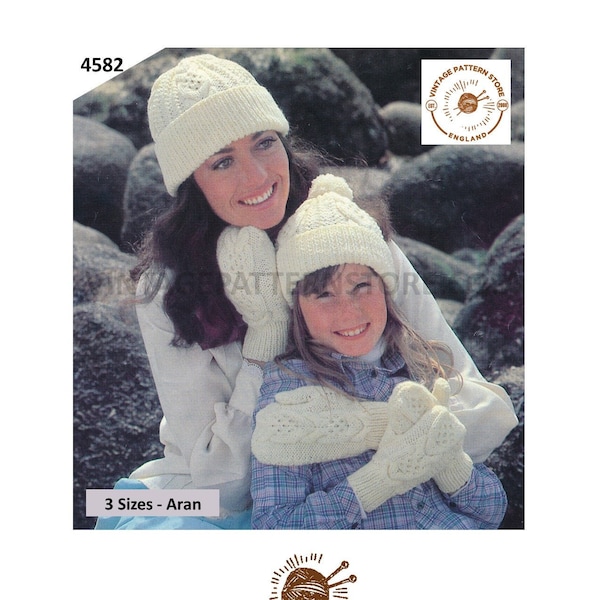 Mother and Daughter Womens Girls 80s vintage classic style cable cabled aran toque hat and mittens pdf knitting pattern PDF Download 4582