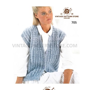 Womens Ladies 90s simple and easy to knit V neck cap sleeve ribbed rib aran waistcoat pdf knitting pattern 32&quot; to 40&quot; chest PDF download 705