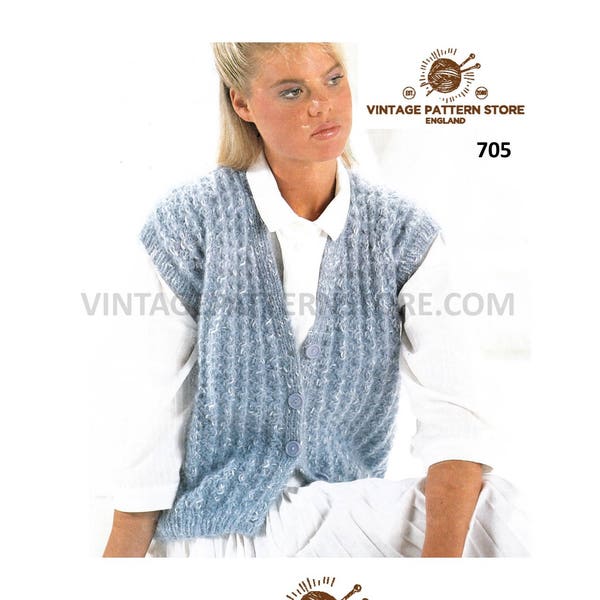 Womens Ladies 90s simple and easy to knit V neck cap sleeve ribbed rib aran waistcoat pdf knitting pattern 32" to 40" chest PDF download 705