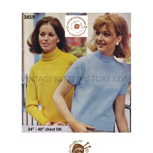 Ladies Womens 70s simple and easy to knit DK polo neck jumper crew neck short sleeve sweater pdf knitting pattern 34" to 40" Download 3859