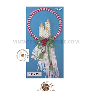May include: A vintage crochet pattern for a Christmas wreath with candles and holly. The pattern is 17 inches by 35 inches. The pattern number is 2252.