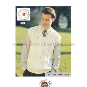 Mens Mans 90er Jahre V-Ausschnitt Kabel verkabelt Kappe Ärmel Aran Pullunder Pullover Weste Tank Top pdf Strickmuster 84"bis 44"Brust PDF download 3183