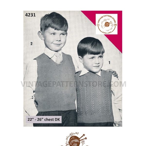 Boys 50s vintage DK V neck easy to knit & round neck cable cabled tank top sweater vest pdf knitting pattern 22" to 26" PDF Download 4231