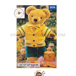 May include: A vintage knitting pattern for a teddy bear wearing a yellow and green striped sweater. The pattern is for sizes 15", 17", and 19" and uses double knitting yarn. The pattern is from Vintage Pattern Store, England.