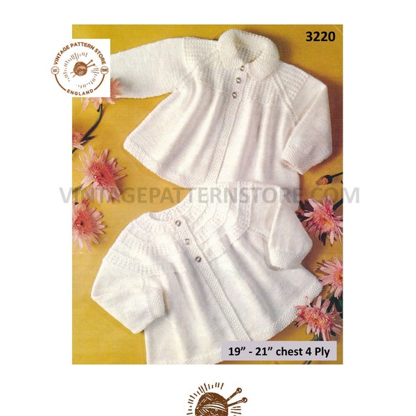 Baby Babies 70s vintage 4 ply round neck contrast yoke yoked raglan matinee coat cardigan pdf knitting pattern 19" to 21" PDF Download 3220