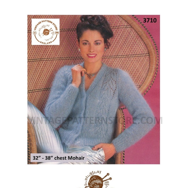 Ladies Womens 80s vintage V neck leaf lace panel lacy raglan mohair cardigan pdf knitting pattern 32" to 38" Instant PDF download 3710