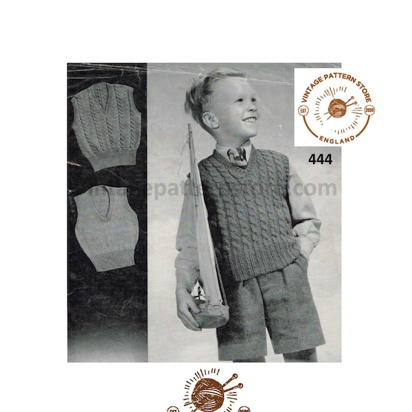 Boys 40s vintage easy to knit V neck cable cabled DK sweater vest tank top pdf knitting pattern 3 designs to knit 28" to 36" Download 444