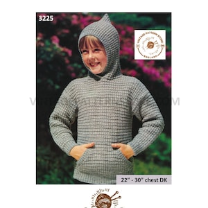 Könnte beinhalten: Vintage Strickmuster für einen Kapuzenpullover für ein Kind. Das Muster ist für Größen 56 bis 76 cm Brustumfang und verwendet Doppelstrickgarn. Das Muster stammt von Vintage Pattern Store, England.