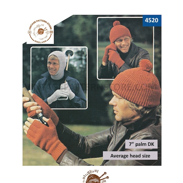 Mens Mans 80s vintage easy to knit hat cap balaclava gloves & fingerless gloves pdf knitting pattern 7" Palm Average Head Size Download 4520