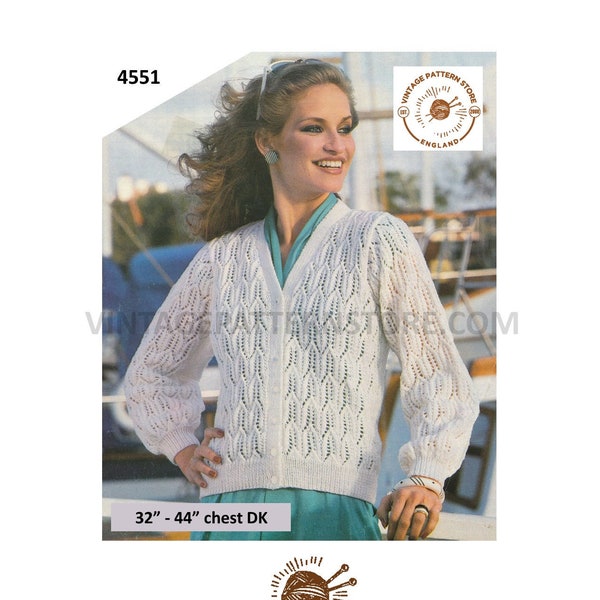 Ladies Womens 80s vintage V neck wheat sheaf eyelet lace lacy DK raglan cardigan pdf knitting pattern 32" to 44" chest Instant Download 4551