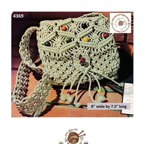 70s vintage boho bohemian beaded macrame shoulder bag purse pdf macrame pattern 8" by 7.5" Instant PDF Download 4369