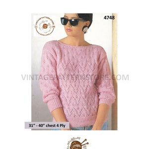 May include: A pink knitted sweater with a lacy pattern. The sweater is for a chest size of 31 to 40 inches and is made with 4 ply yarn. The pattern number is 4748.