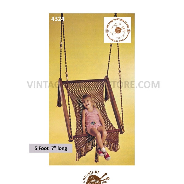 70s vintage hanging macrame swing seat garden furniture chair hammock pdf macrame pattern 5 foot 7" long Instant PDF Download 4324