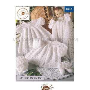 May include: A vintage knitting pattern for a baby's christening outfit. The pattern includes instructions for a dress, bonnet, booties, and a blanket. The pattern is for a chest size of 12 to 18 inches and uses 3 ply yarn. The pattern is from Vintage Pattern Store, England.
