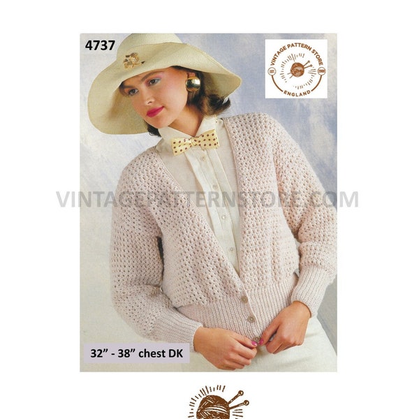 Ladies Womens 90s easy to knit deep welt V neck drop shoulder DK dolman cardigan jacket pdf knitting pattern 32" to 38" PDF Download 4737