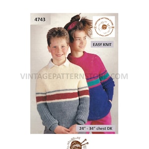 May include: Vintage knitting pattern for a striped sweater, suitable for a chest size of 24 to 34 inches. The pattern is labeled "Easy Knit" and is from Vintage Pattern Store, England.