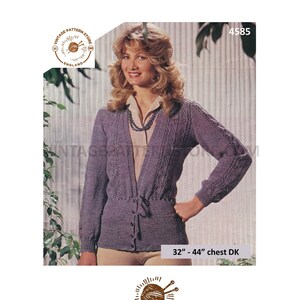 May include: A vintage knitting pattern for a purple cardigan with a cable knit design. The pattern is for sizes 32 to 44 inches chest and uses DK weight yarn. The pattern is from Vintage Pattern Store, England.