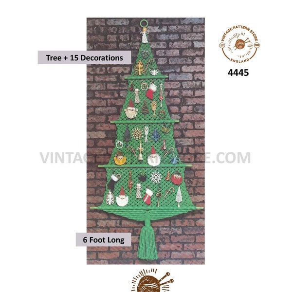 70s vintage macrame Christmas tree wall hanging and 15 ornaments decorations pdf macrame pattern 6 Foot long Instant PDF download 4445