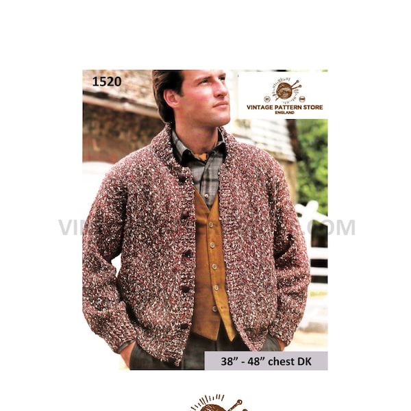 Mans Mens 90s easy to knit crew neck drop shoulder DK dolman cardigan jacket pdf knitting pattern 38" to 48" chest Instant PDF download 1520