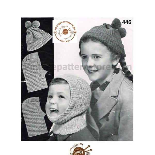 Childrens Girls Boys chunky easy to knit balaclava & bobble hat pdf knitting pattern Ages 2 to 14 years Instant PDF download 446