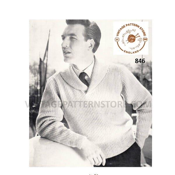 Mens Mans 50s vintage shawl collar DK raglan cardigan sweater jumper pdf knitting pattern 38" to 46" chest Instant PDF Download 846