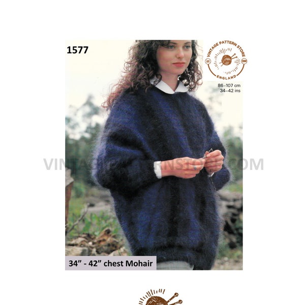 Womens Ladies 90s crew neck vertical striped long line mohair batwing sweater jumper pdf knitting pattern 34" to 42" chest PDF Download 1577