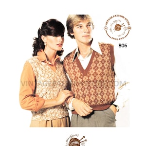 May include: A vintage knitting pattern for a brown and white diamond patterned sweater vest. The pattern is from Vintage Pattern Store, England, and is number 806.