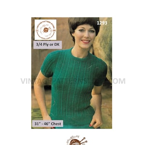 May include: Vintage knitting pattern for a green sweater with short sleeves. The pattern is for a size 31 to 46 inch chest and uses 3/4 ply or DK yarn. The pattern number is 1293.
