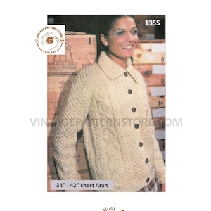 May include: A vintage knitting pattern for a cream-colored Aran cardigan. The pattern is for sizes 34 to 42 inches chest. The pattern is from Vintage Pattern Store, England.