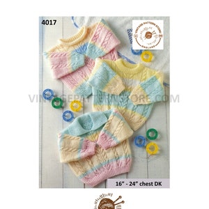 May include: Three pastel colored knitted baby sweaters with a cable knit pattern. The sweaters are layered on top of each other and are available in pink, blue, and yellow. The sweaters are for a 16 to 24 inch chest and are made with DK weight yarn. The image includes the text "Vintage Pattern Store" and "4017".