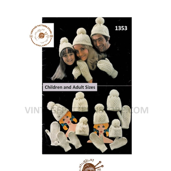 Ladies Womens Mens Boys Girls 70s Family cable cabled aran hat and mittens pdf knitting pattern 3 designs Instant PDF download 1353