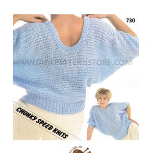 Womens Ladies 90s chunky simple and easy to knit low back batwing sweater jumper pdf knitting pattern 30" to 42" chest PDF download 730